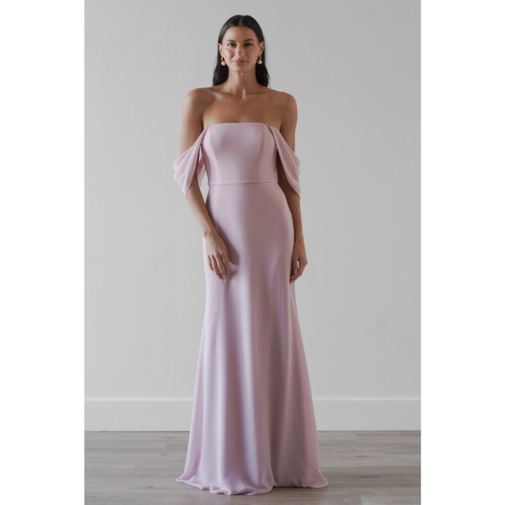 Wtoo October. Long Formal Pink Chiffon Dress with Draped Sleeves. Size S (2/4)